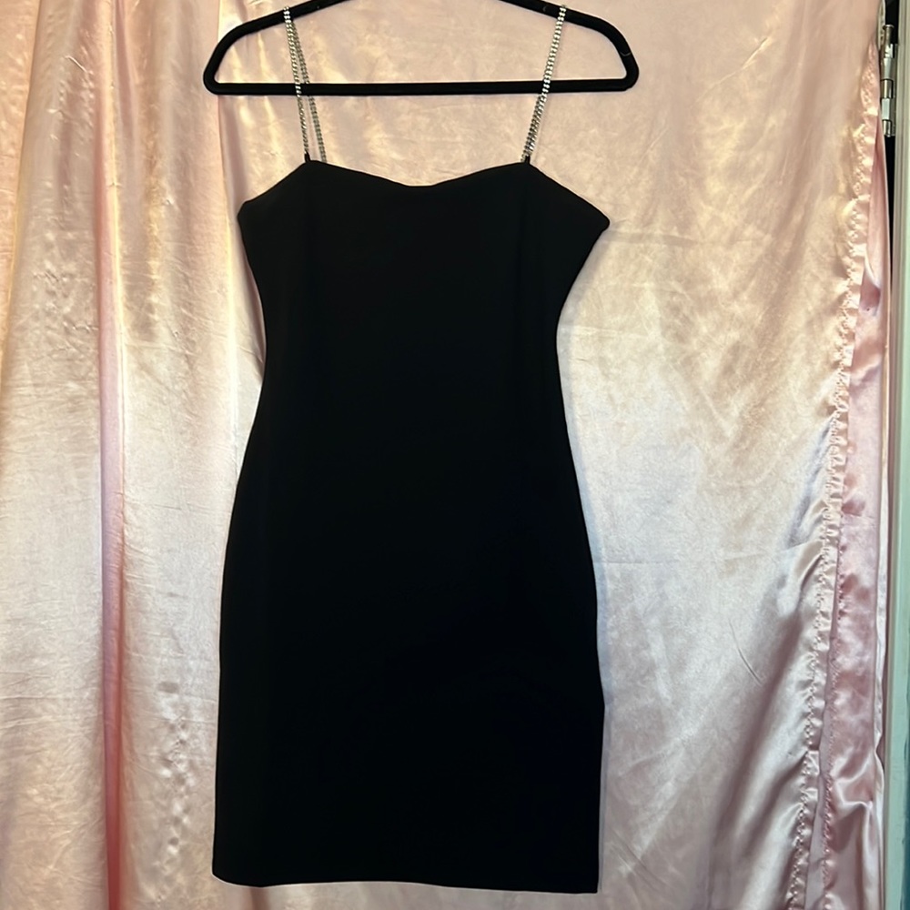 H&M Black Bodycon Dress with Rhinestone Chain Straps.